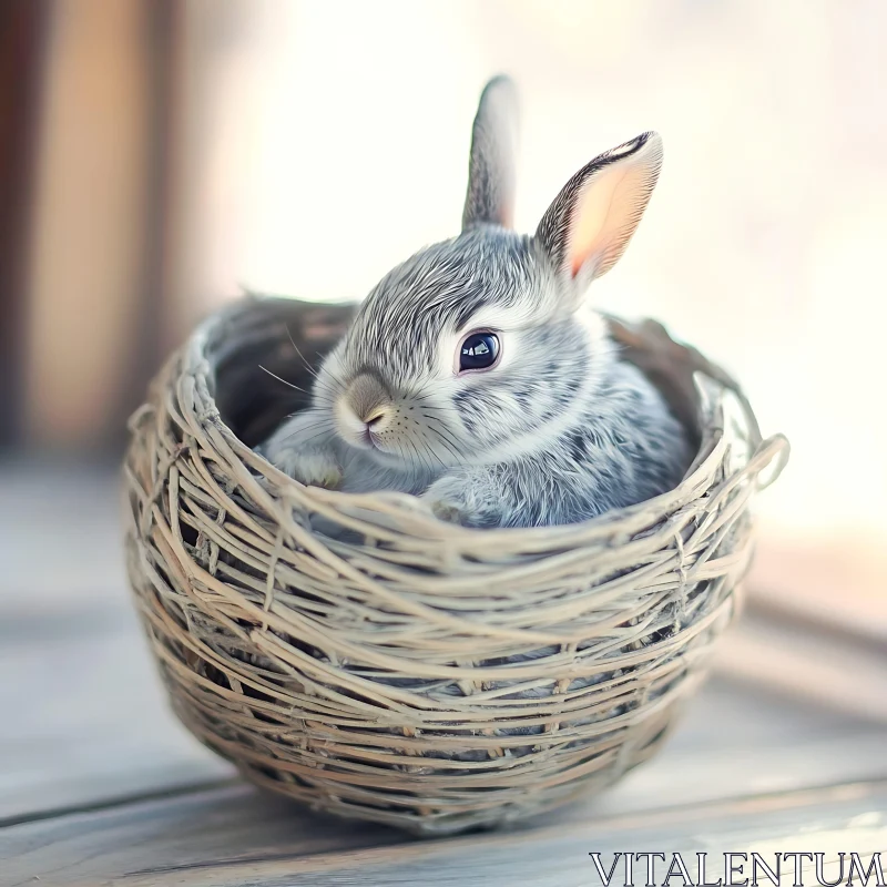 AI ART Grey Bunny Portrait in a Basket