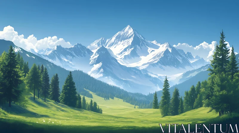 Snowy Peaks and Verdant Valley Vista AI Image