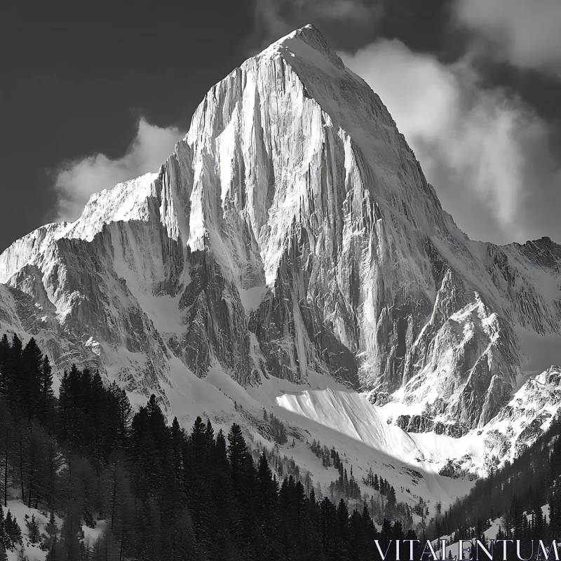 Snowy Mountain Peak in Black and White AI Image