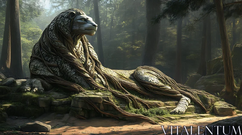 Rooted Majesty: Forest Lion Sculpture AI Image