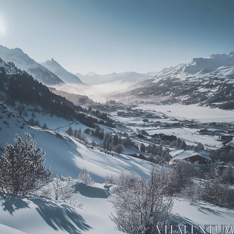 Snowy Mountain Village Vista AI Image