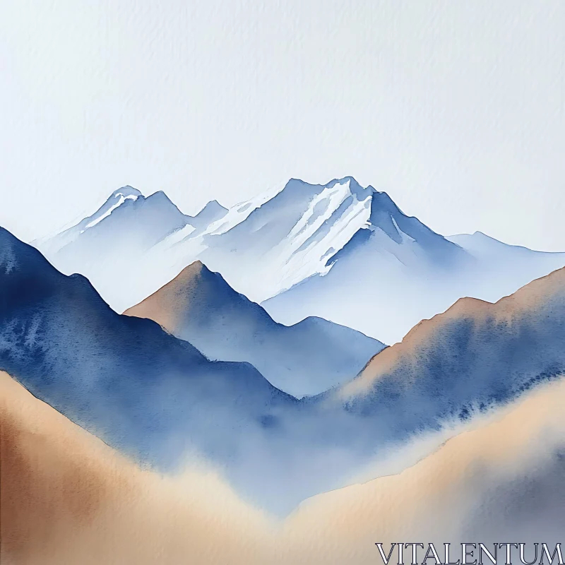 AI ART Peaceful Mountain Peaks Watercolor Art