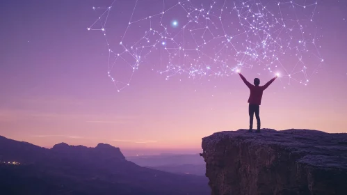 Man on Mountain Reaching for Stars