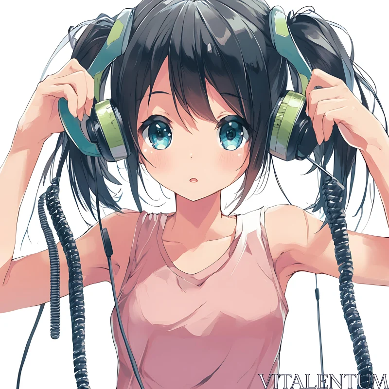 Cute Anime Girl Wearing Green Headphones AI Image