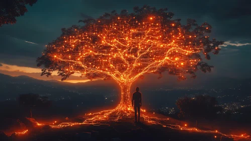 Glowing Tech Tree with Human Silhouette