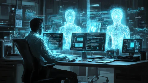 Man Coding in a Futuristic Office with Holograms