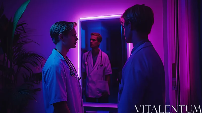 Medical Professional Bathed in Neon Light AI Image