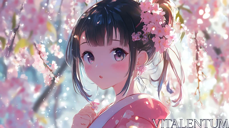 Delicate Anime Portrait of a Girl with Cherry Blossoms AI Image