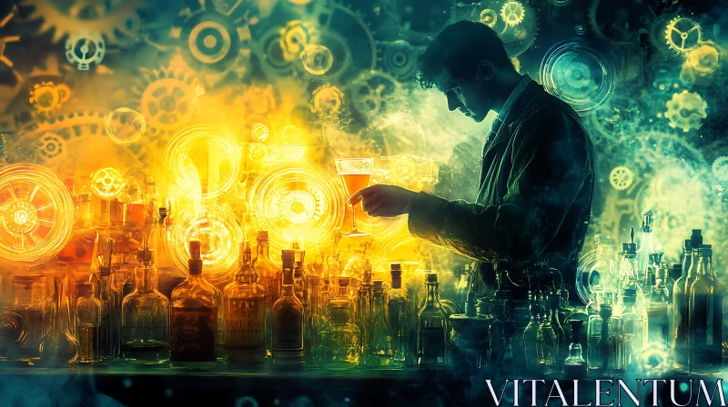 Man with Cocktail in Steampunk Setting AI Image