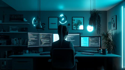 Coder in Neon-Lit Tech Room