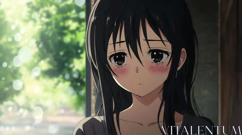 Tearful Anime Girl in Contemplation AI Image