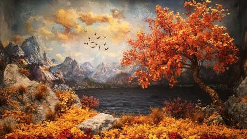 Serene Autumn Landscape with Lake and Mountains