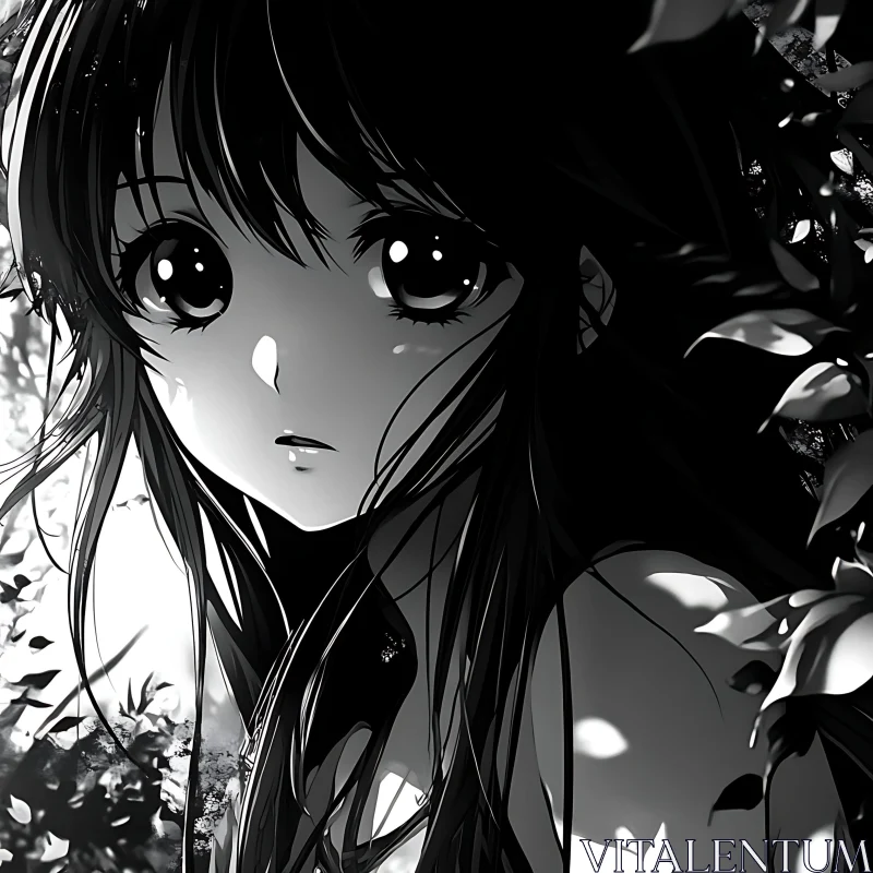 Monochrome Manga Girl Amidst Foliage AI Image