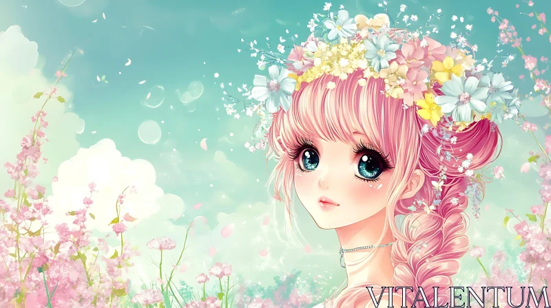 Spring Anime Illustration of Girl with Flowers AI Image