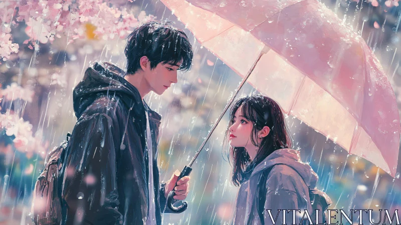 Tender Moment of Anime Couple in Rain AI Image