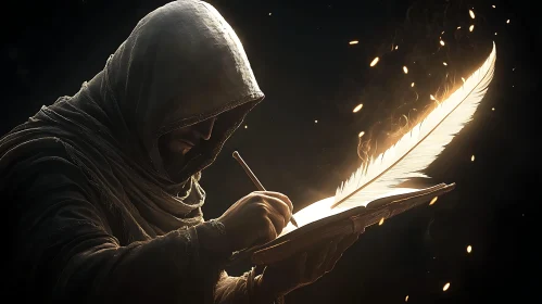 Hooded Scribe with Feather Quill