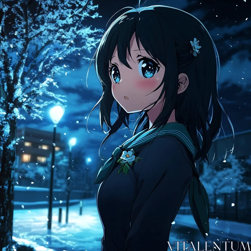 Winter Night Anime Girl in Snow AI Image