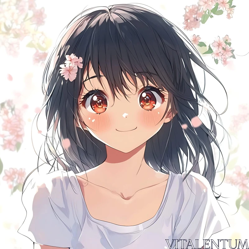 Anime Girl with Dark Hair and Flowers AI Image