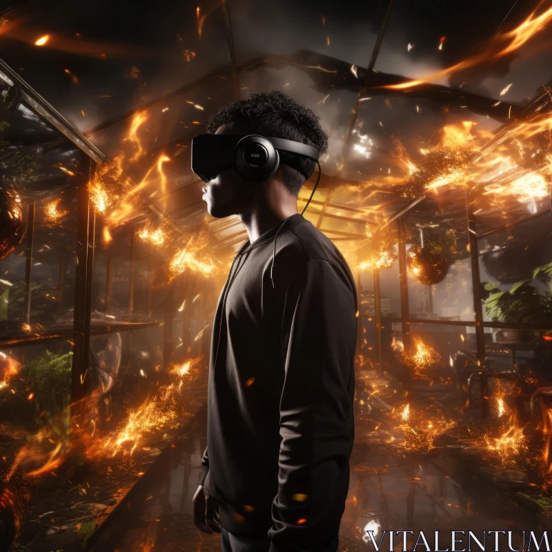 Man Immersed in Chaotic Virtual Reality Fire Scene AI Image