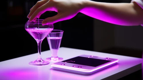 Neon-lit Glass on Table: A Fusion of Light and Elegance