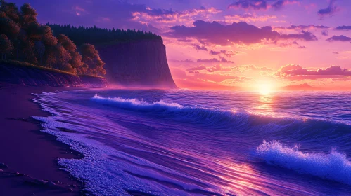 Purple-Hued Coastal Sunset with Majestic Cliff