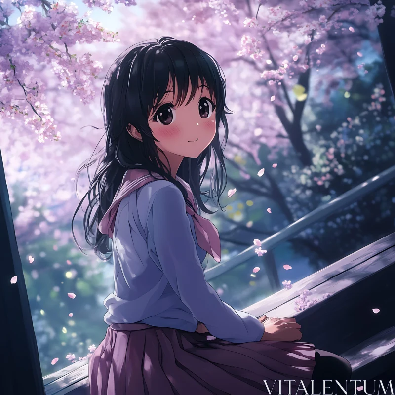 Cherry Blossom Anime Girl - Peaceful Sakura Moment AI Image