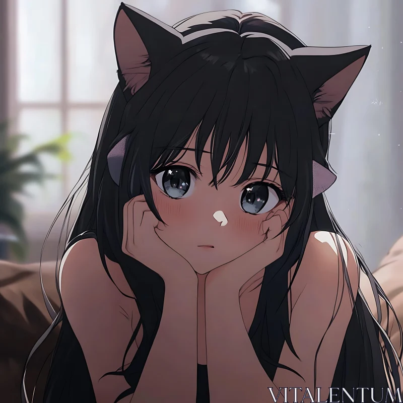 Anime Girl with Cat Ears Illustration AI Image