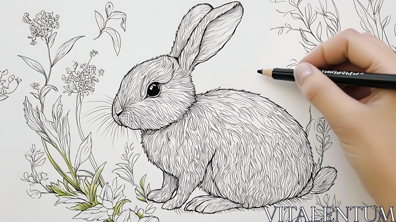 Rabbit in the Garden: A Pencil Art AI Image