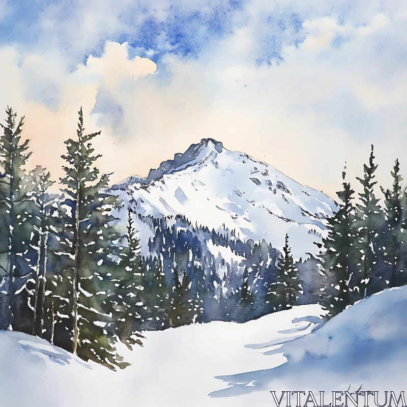 AI ART Winter Mountain Scene with Evergreen Trees