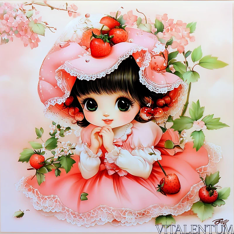 Kawaii Anime Girl in Strawberry Hat and Pink Lace Dress AI Image