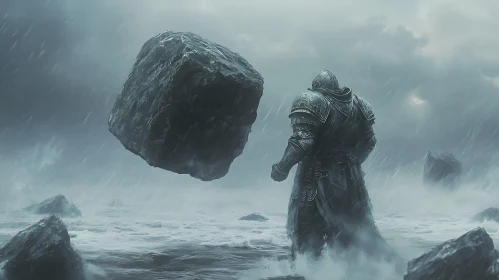 Armored Figure by the Sea with Floating Rock