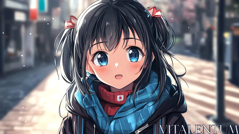 Adorable Anime Girl in Winter Cityscape AI Image