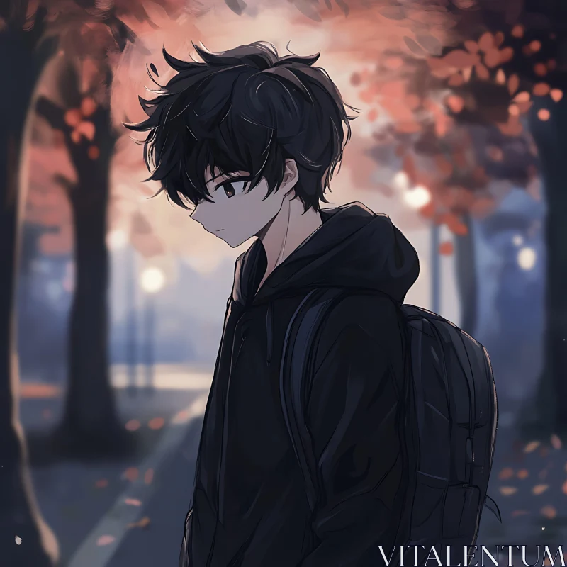 Thoughtful Anime Boy in Black Hoodie AI Image