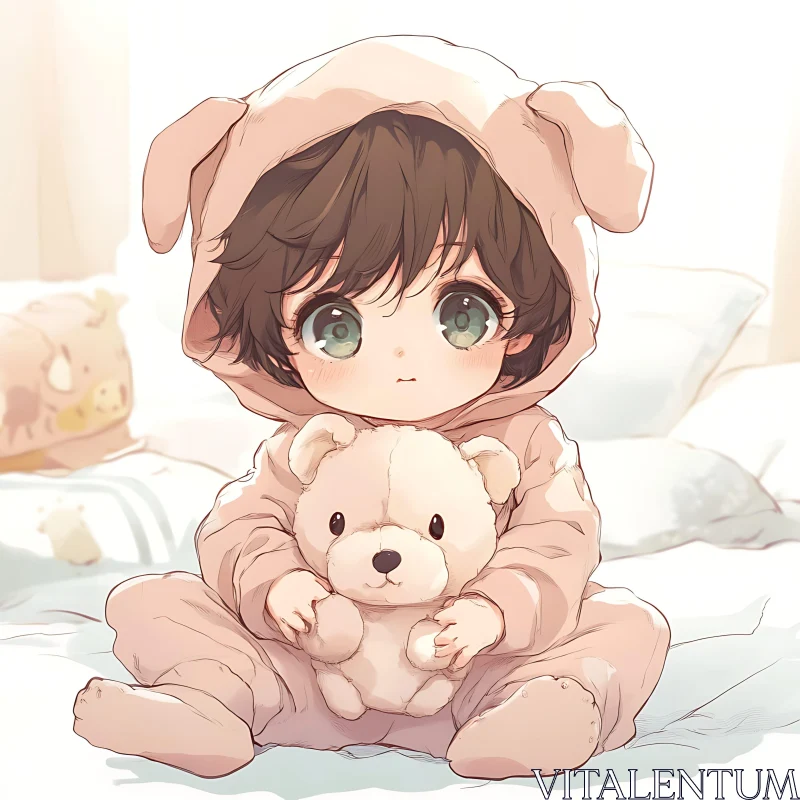 AI ART Cute Child with Teddy Bear in Cozy Bedroom