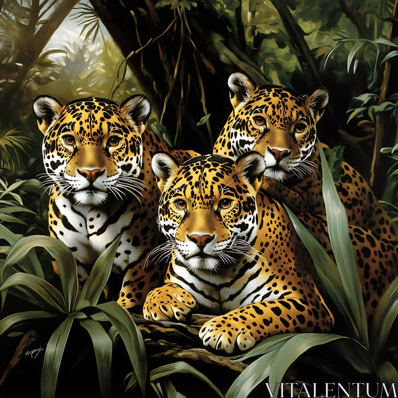 Three Jaguars in Lush Jungle Habitat AI Image