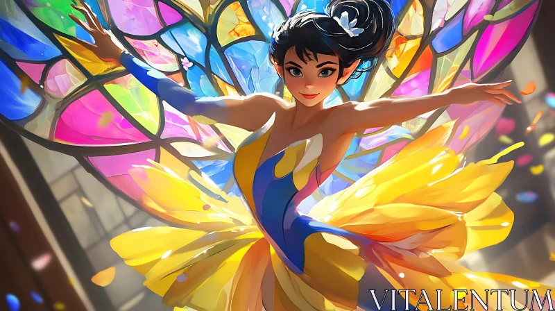 Colorful Fairy Dancing with Stained Glass Wings AI Image