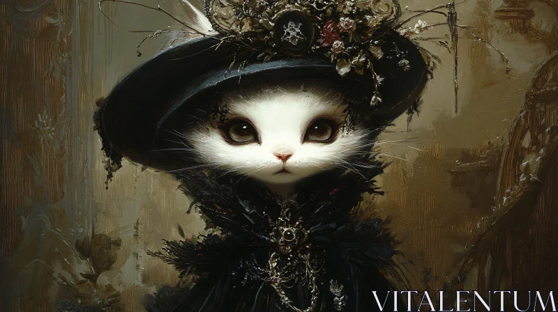 Artistic Vintage Cat with Decorative Hat AI Image