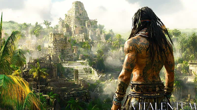 Warrior Overlooking Ancient Ruins in Jungle AI Image