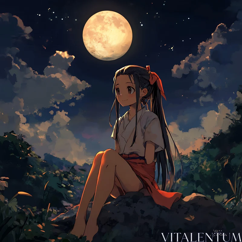 Tranquil Night Scene with Anime Girl AI Image