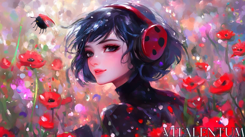 Charming Anime Girl Headphones Floral Scene AI Image