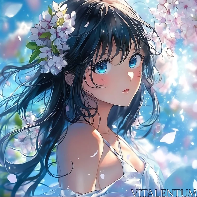 Spring Anime Portrait with Blossoms and Blue Eyes AI Image