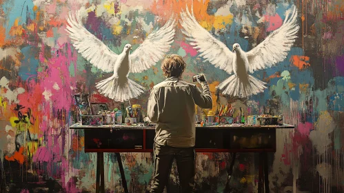 Colorful Dove Painting in Artist's Studio