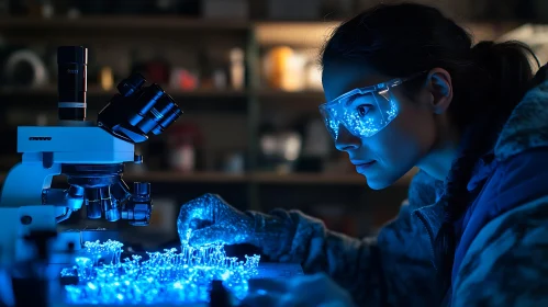 Lab Research: Woman Examining Sample with Microscope