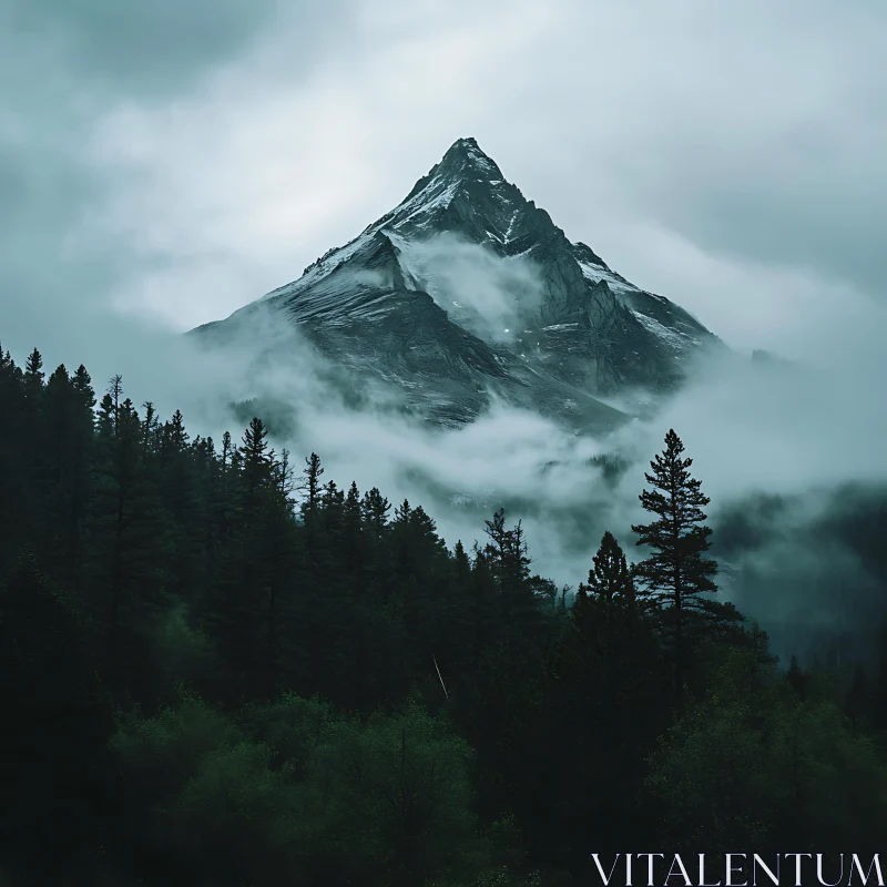 Cloud-Veiled Mountain Peak Forest Vista AI Image