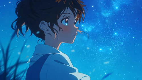 Contemplative Anime Figure Under a Star-Lit Sky