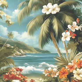 Tropical Seascape with Flowers and Palm Trees