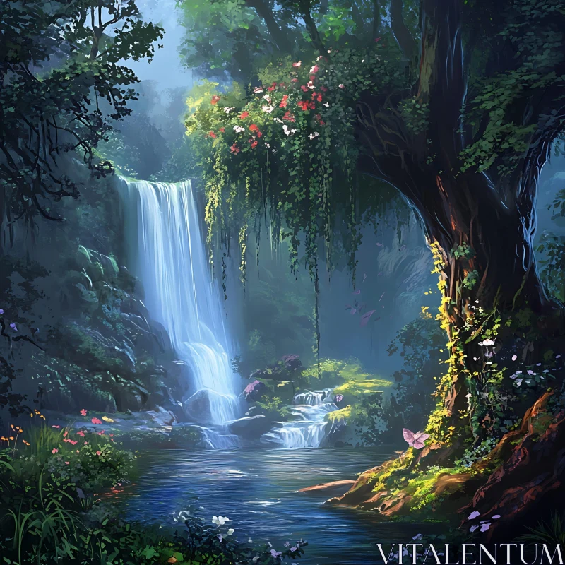 Peaceful Forest Scene with Waterfall and Flowers AI Image