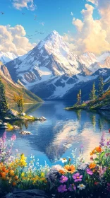 Alpine Landscape with Reflective Lake and Blossoming Flowers