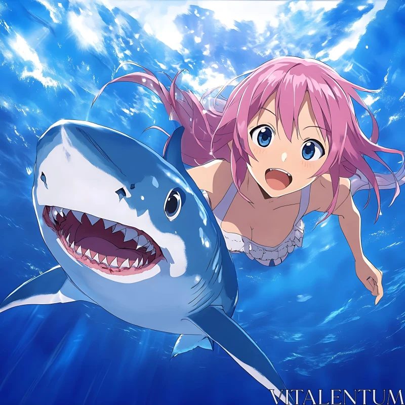 AI ART Underwater Adventure: Anime Girl and Shark