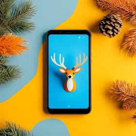 Modern Deer Illustration on Mobile Screen with Yellow and Blue Background